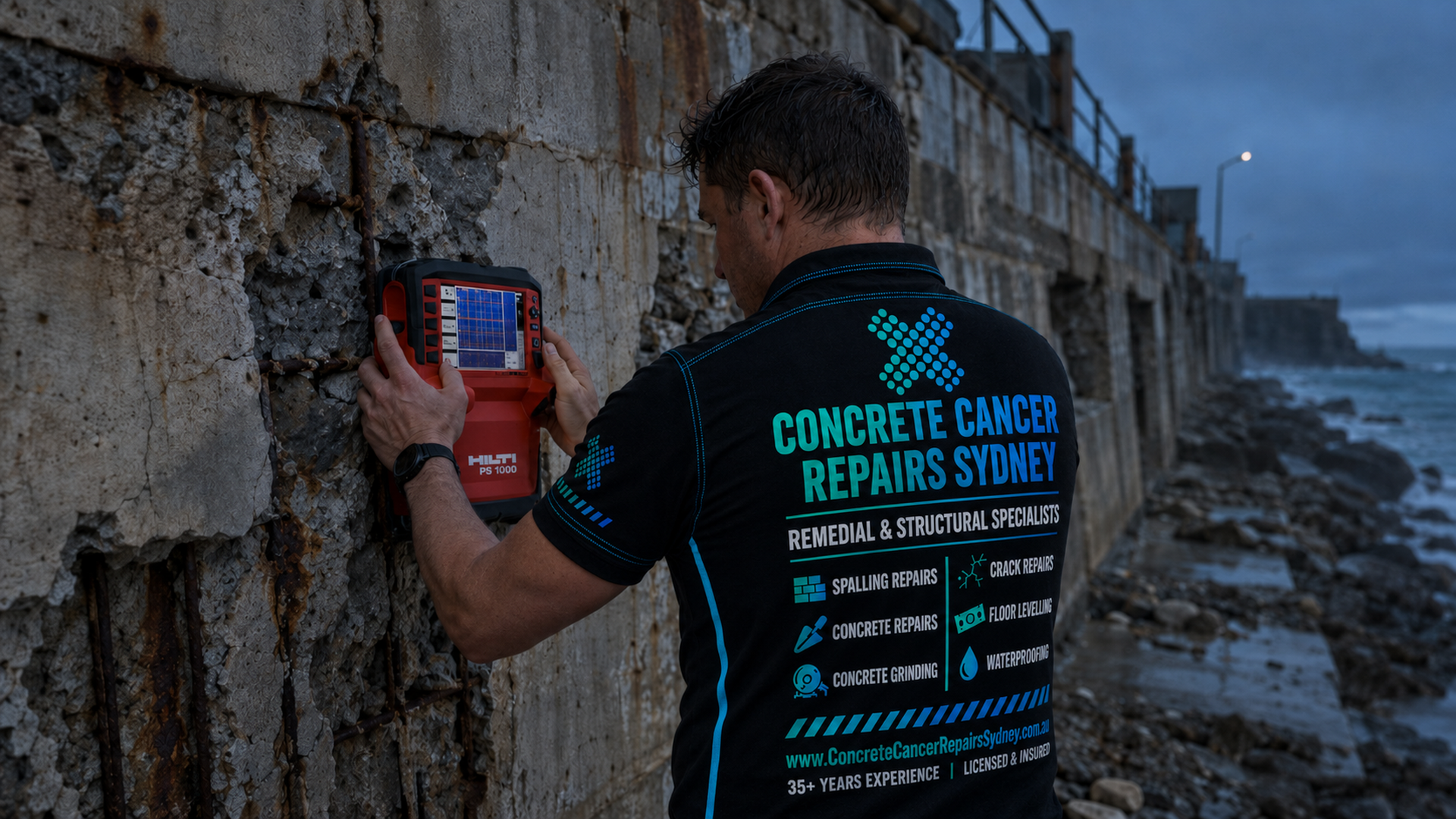 Concrete Cancer Repairs Sydney specialist inspecting damaged reinforced concrete