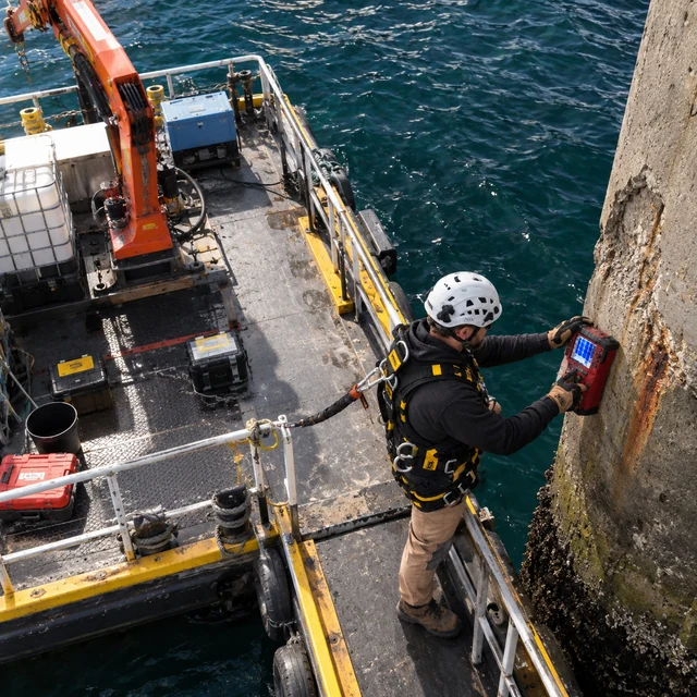 Concrete pile inspection from a floating work platform