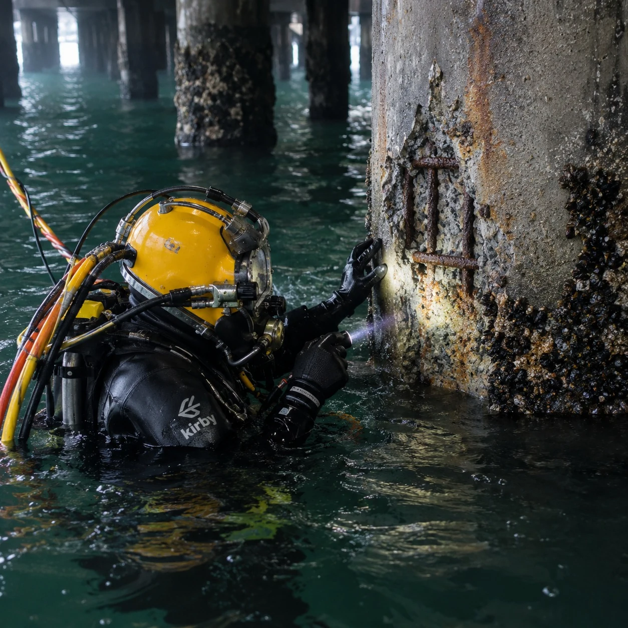 Commercial diver inspecting a concrete marine pile