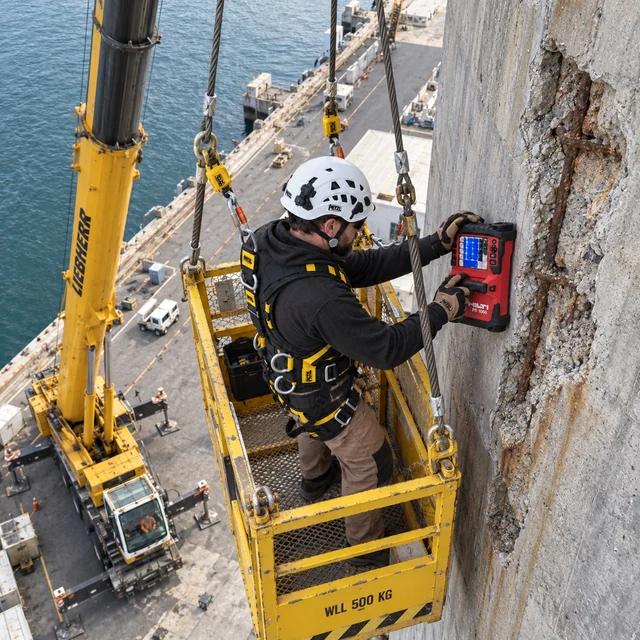 Concrete inspection from a crane-suspended personnel workbox