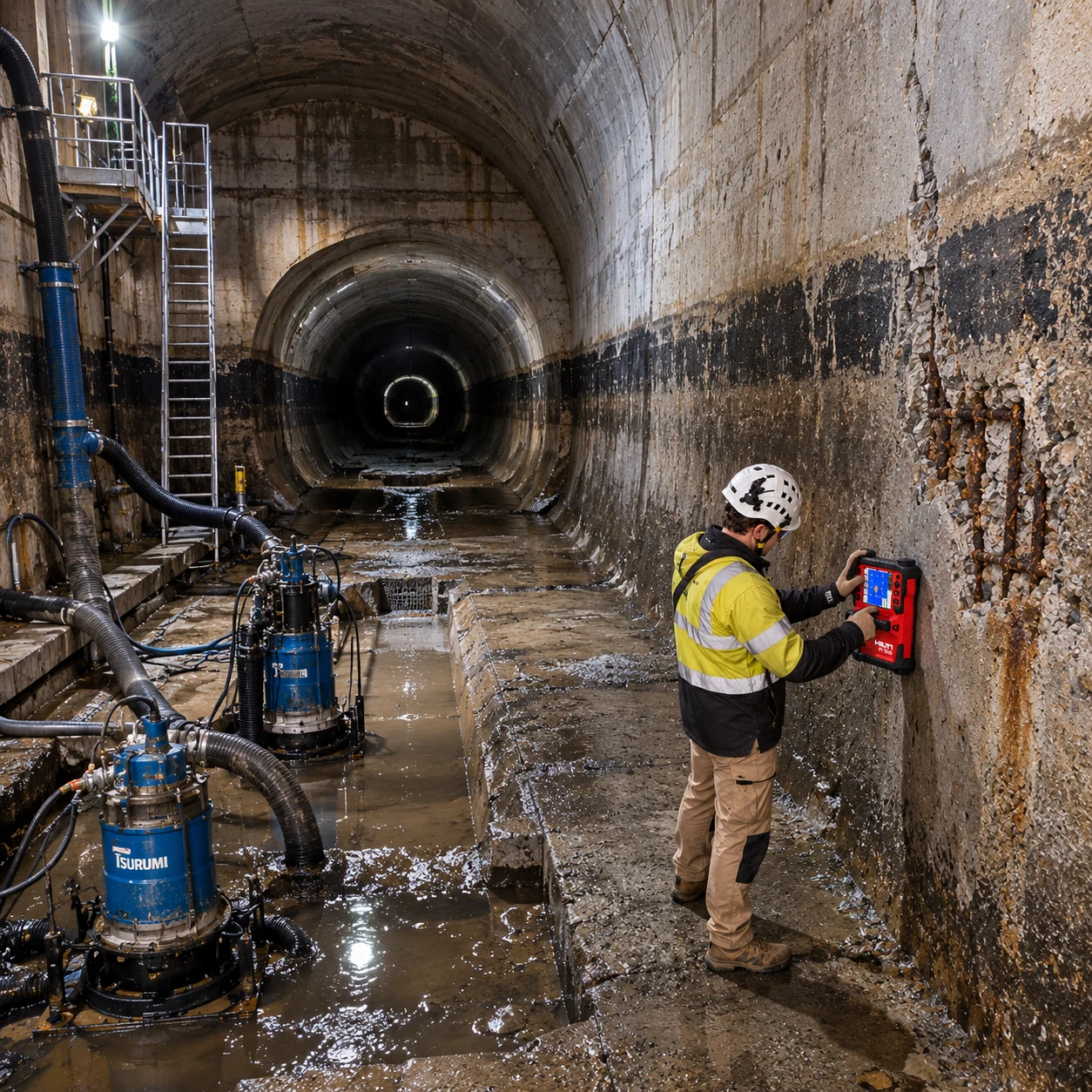 Concrete inspection inside a dewatered tunnel with pumps and hoses