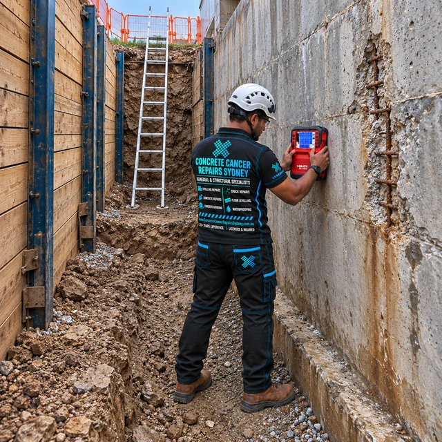 Concrete wall inspection in a supported excavation beside a below-ground structure