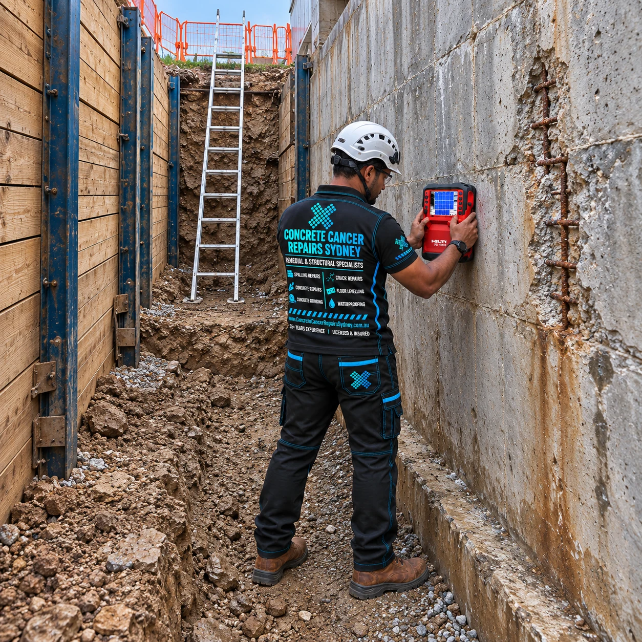 Concrete wall inspection in a supported excavation beside a below-ground structure