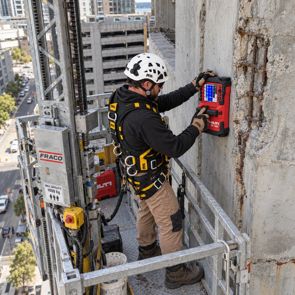 Concrete inspection from a mast climbing work platform