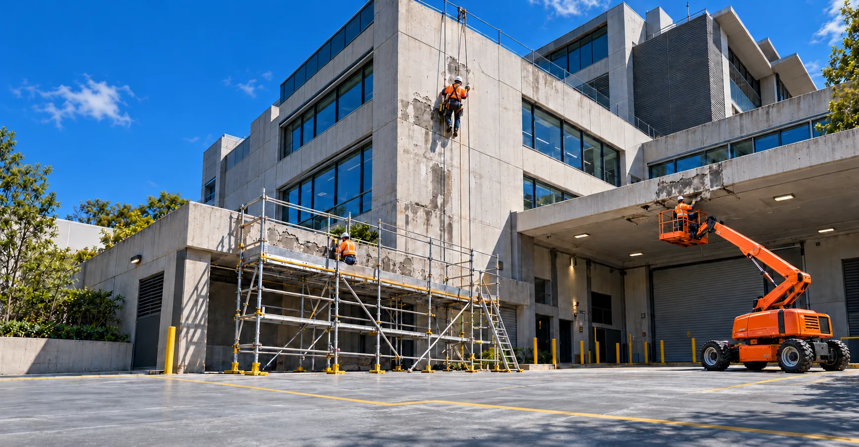 Rope access at an upper façade, an elevated work platform beneath a canopy, and fixed scaffolding along a lower repair zone on one building