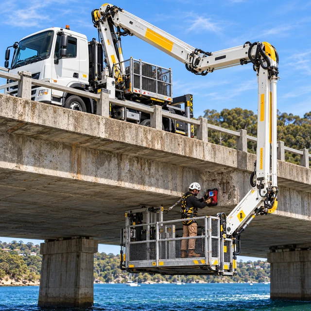 Concrete inspection beneath a bridge using a truck-mounted under-bridge access unit