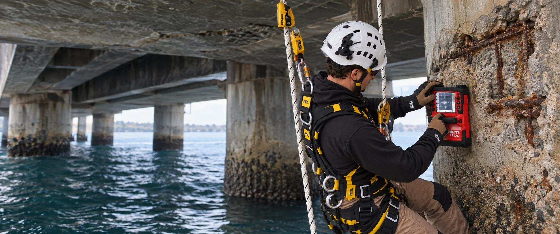 Bridge & Infrastructure Concrete Cancer Repairs Sydney 18 CCRS rope-access technician scanning deteriorated bridge concrete with a Hilti PS 1000 over water