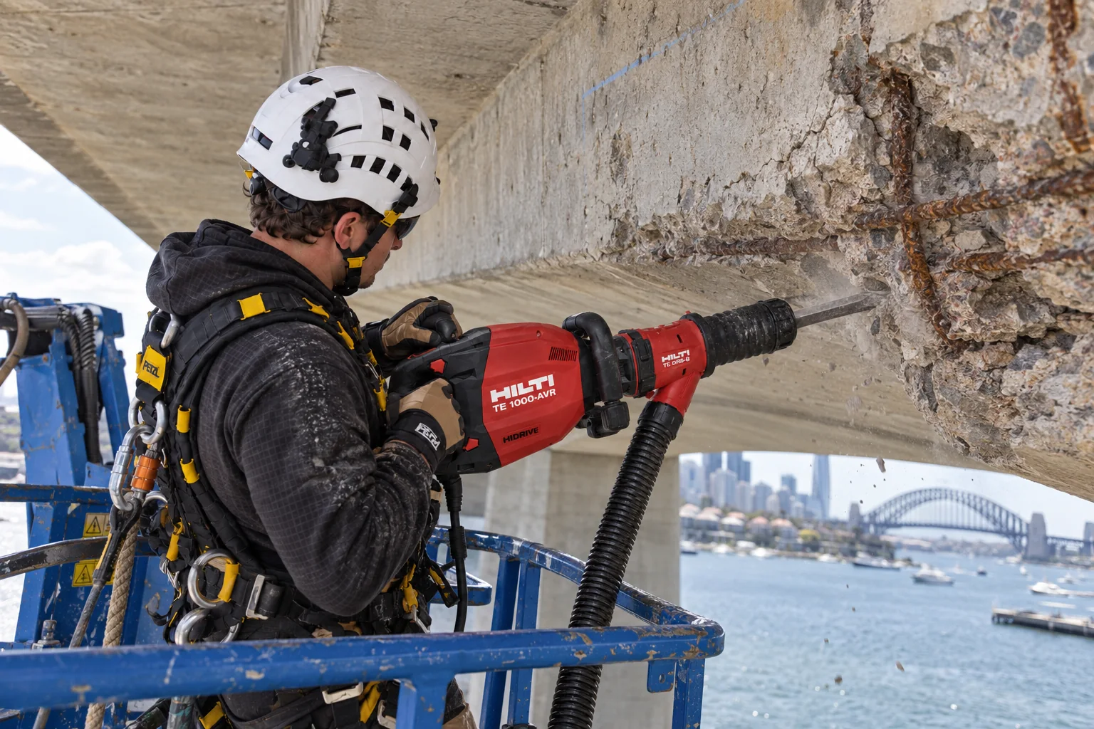 Bridge & Infrastructure Concrete Cancer Repairs Sydney 2 CCRS technician using a Hilti TE 1000-AVR to remove spalled concrete from a bridge soffit from an elevated work platform