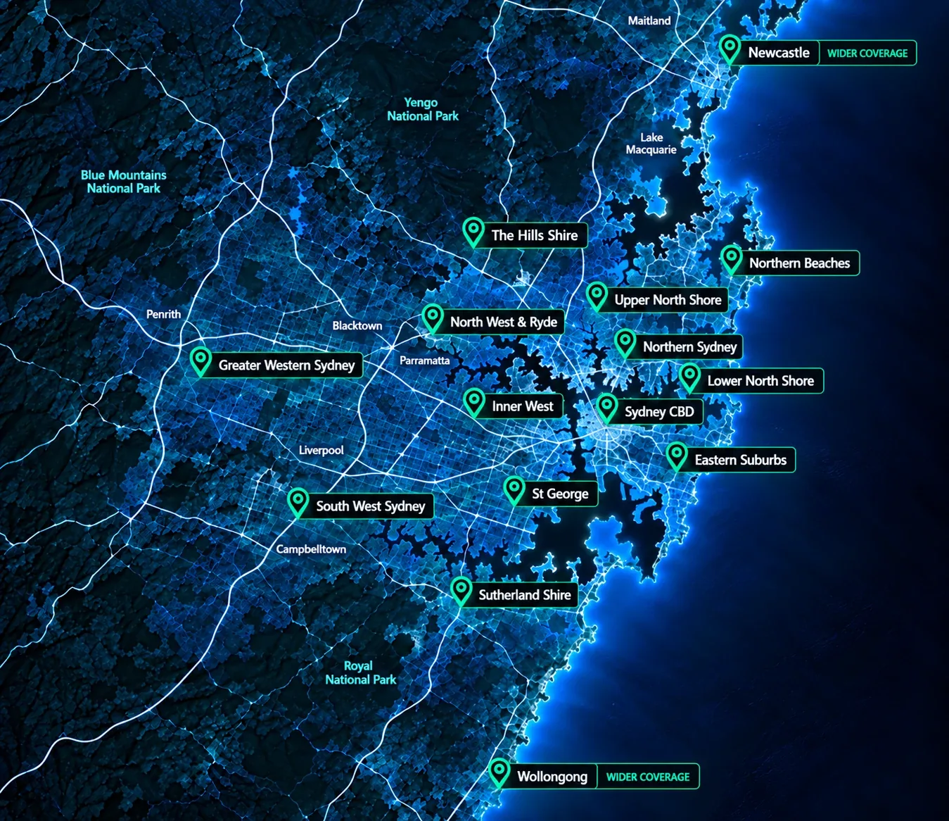 Bridge and infrastructure concrete repair service area map covering Sydney, Central Coast, Newcastle and Wollongong