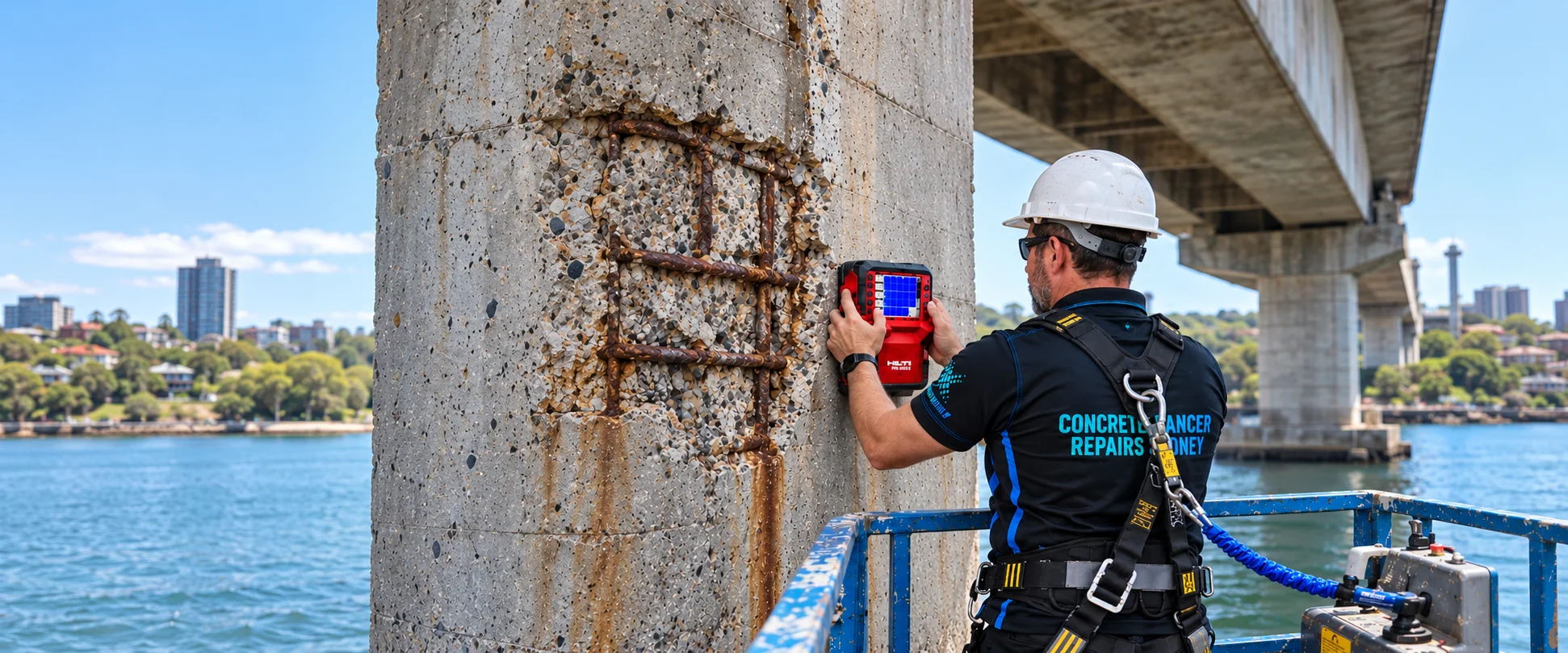 Bridge & Infrastructure Concrete Cancer Repairs Sydney 28 CCRS technician inspecting a damaged bridge pier from an elevated work platform
