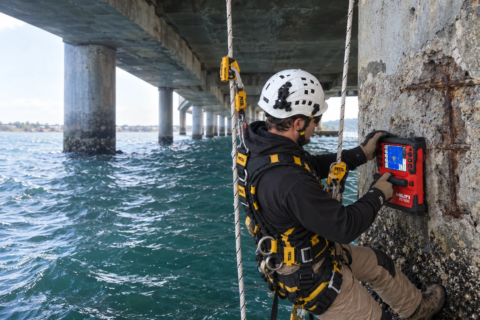 Bridge & Infrastructure Concrete Cancer Repairs Sydney 25 CCRS rope-access technician scanning spalled bridge concrete and exposed reinforcement with a Hilti PS 1000