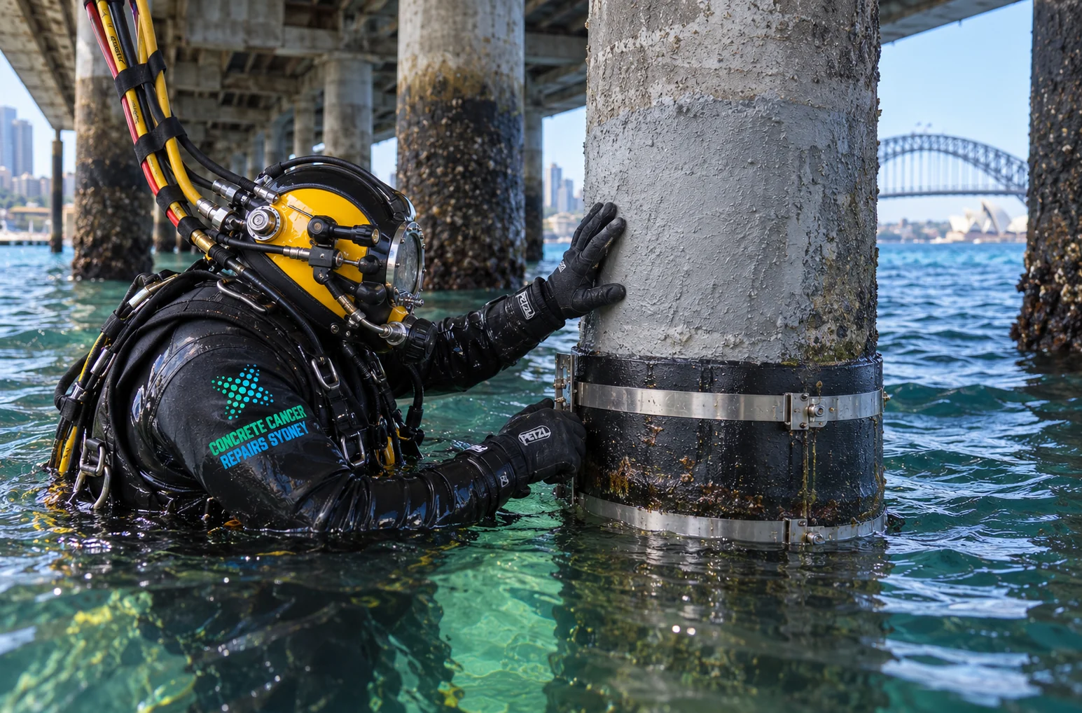 Bridge & Infrastructure Concrete Cancer Repairs Sydney 22 CCRS commercial diver inspecting a repaired marine concrete pile and fitted protection jacket