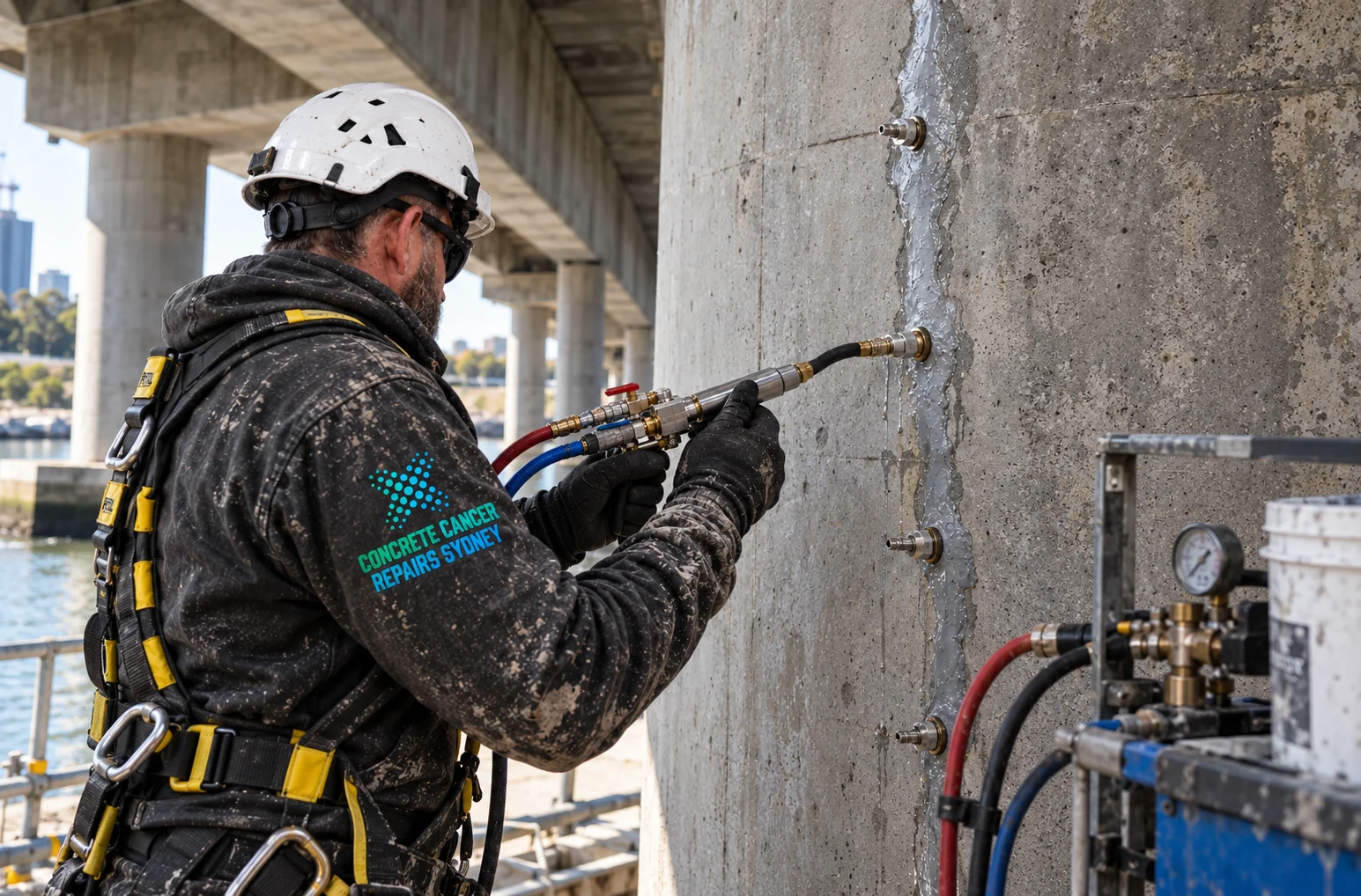 Bridge & Infrastructure Concrete Cancer Repairs Sydney 3 CCRS repair technician injecting a cracked reinforced-concrete bridge column using installed metal packers