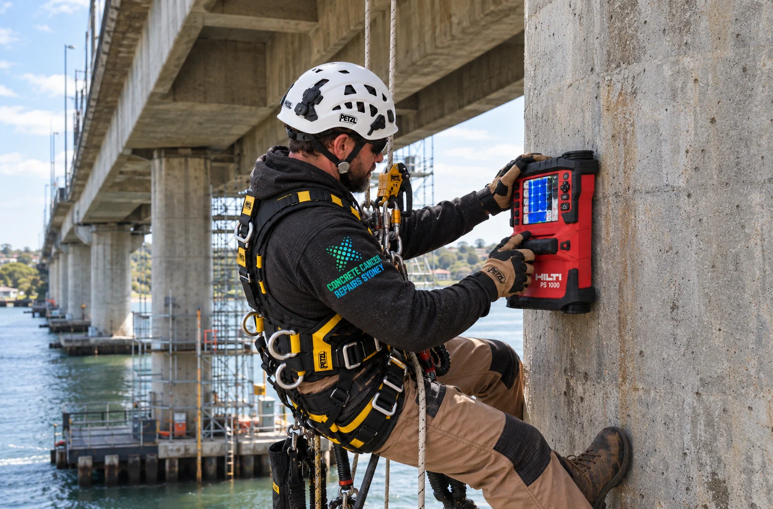 Bridge & Infrastructure Concrete Cancer Repairs Sydney 21 CCRS rope-access bridge inspector scanning concrete with a Hilti PS 1000 X-Scan