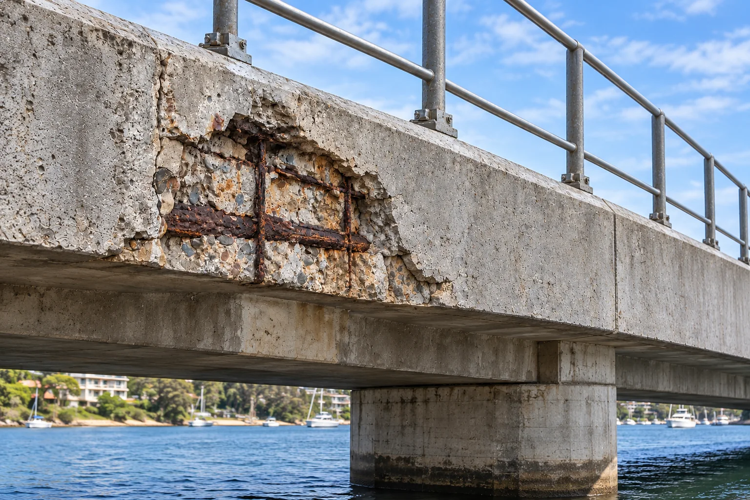 Spalled bridge parapet with exposed corroded reinforcement before repair