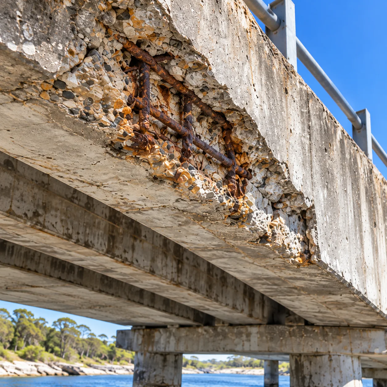 Spalled bridge beam and soffit with corroded reinforcing steel