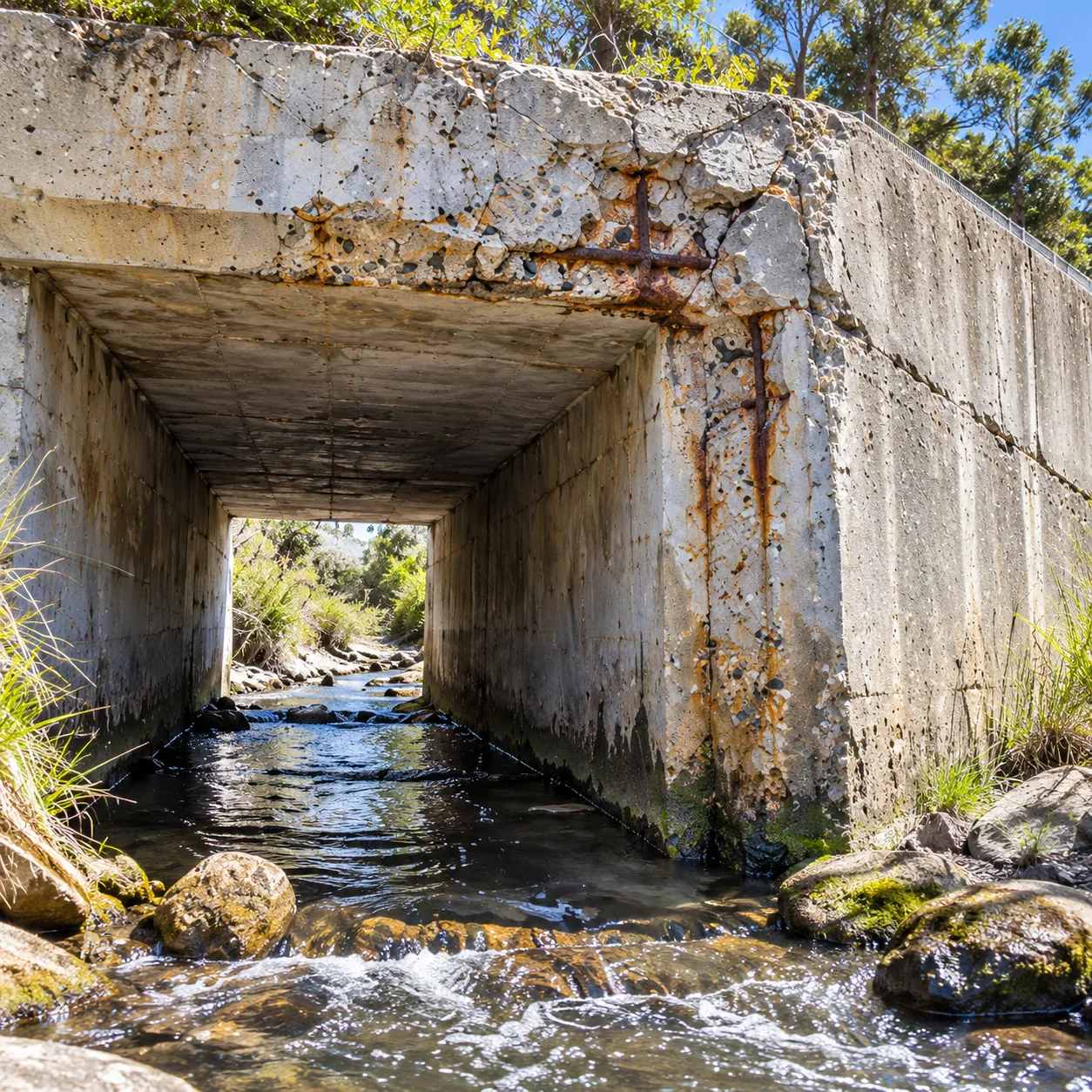 Bridge & Infrastructure Concrete Cancer Repairs Sydney 8 Concrete culvert with localised spalling beside flowing water
