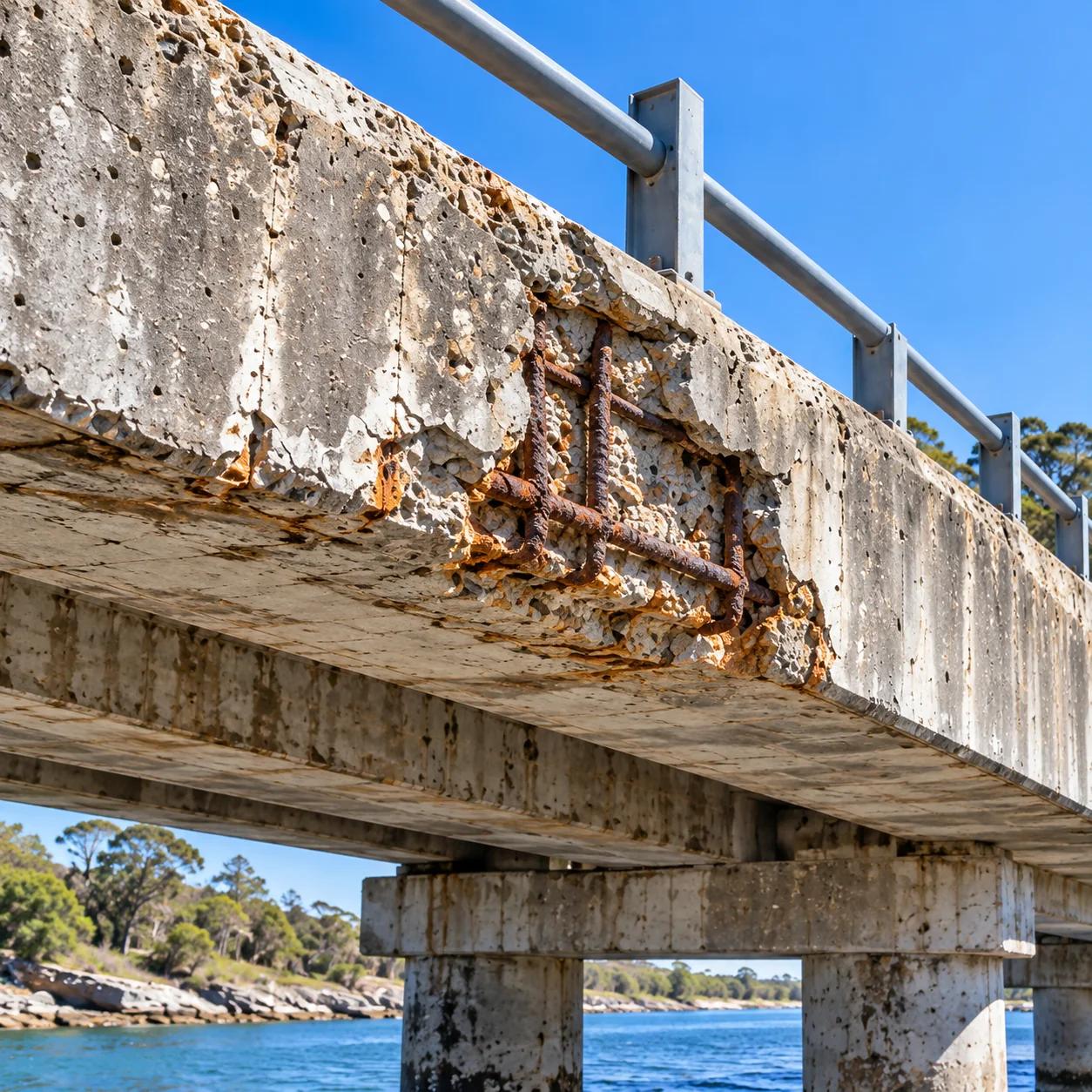 Bridge & Infrastructure Concrete Cancer Repairs Sydney 7 Bridge parapet and deck edge with severe concrete spalling