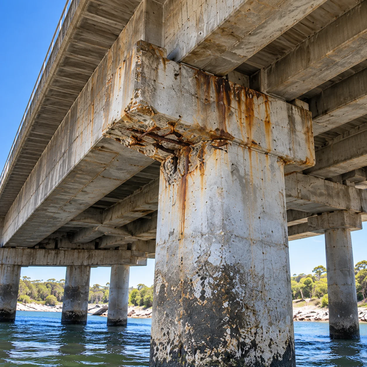 Spalled bridge pier and headstock with corrosion staining and exposed reinforcement