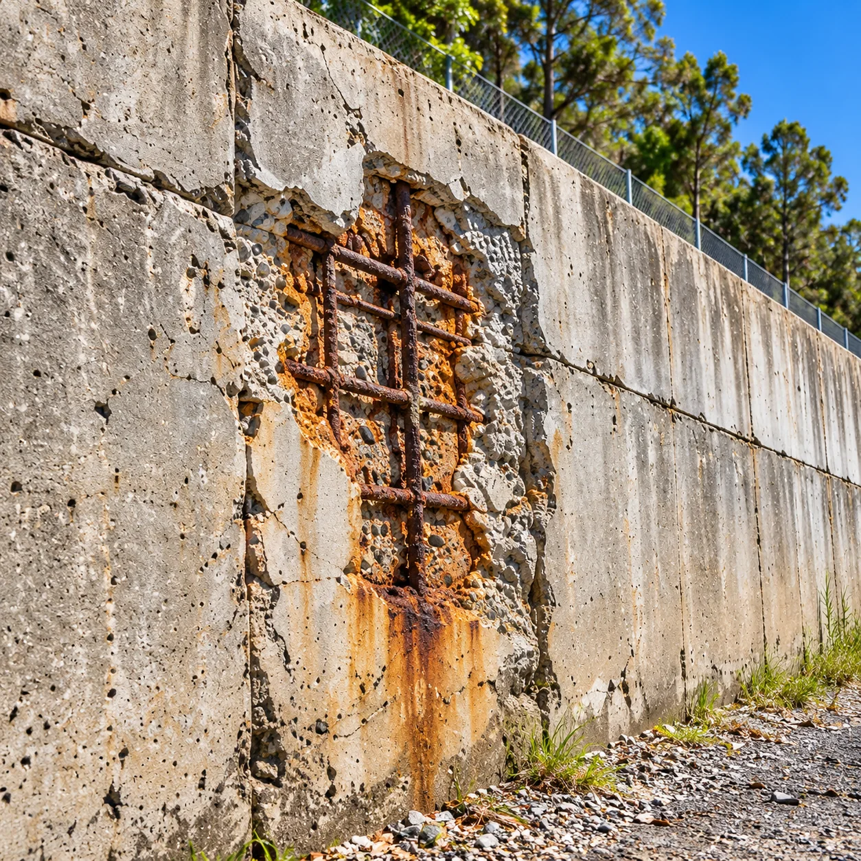 Bridge & Infrastructure Concrete Cancer Repairs Sydney 9 Spalled reinforced-concrete retaining wall beside an Australian road reserve