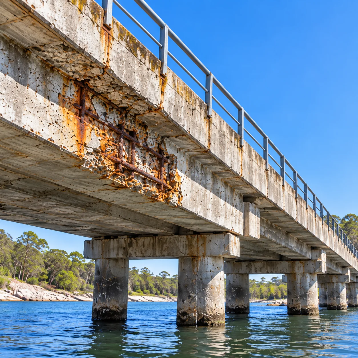 Bridge & Infrastructure Concrete Cancer Repairs Sydney 4 Weathered concrete bridge over water with localised spalling and exposed reinforcement
