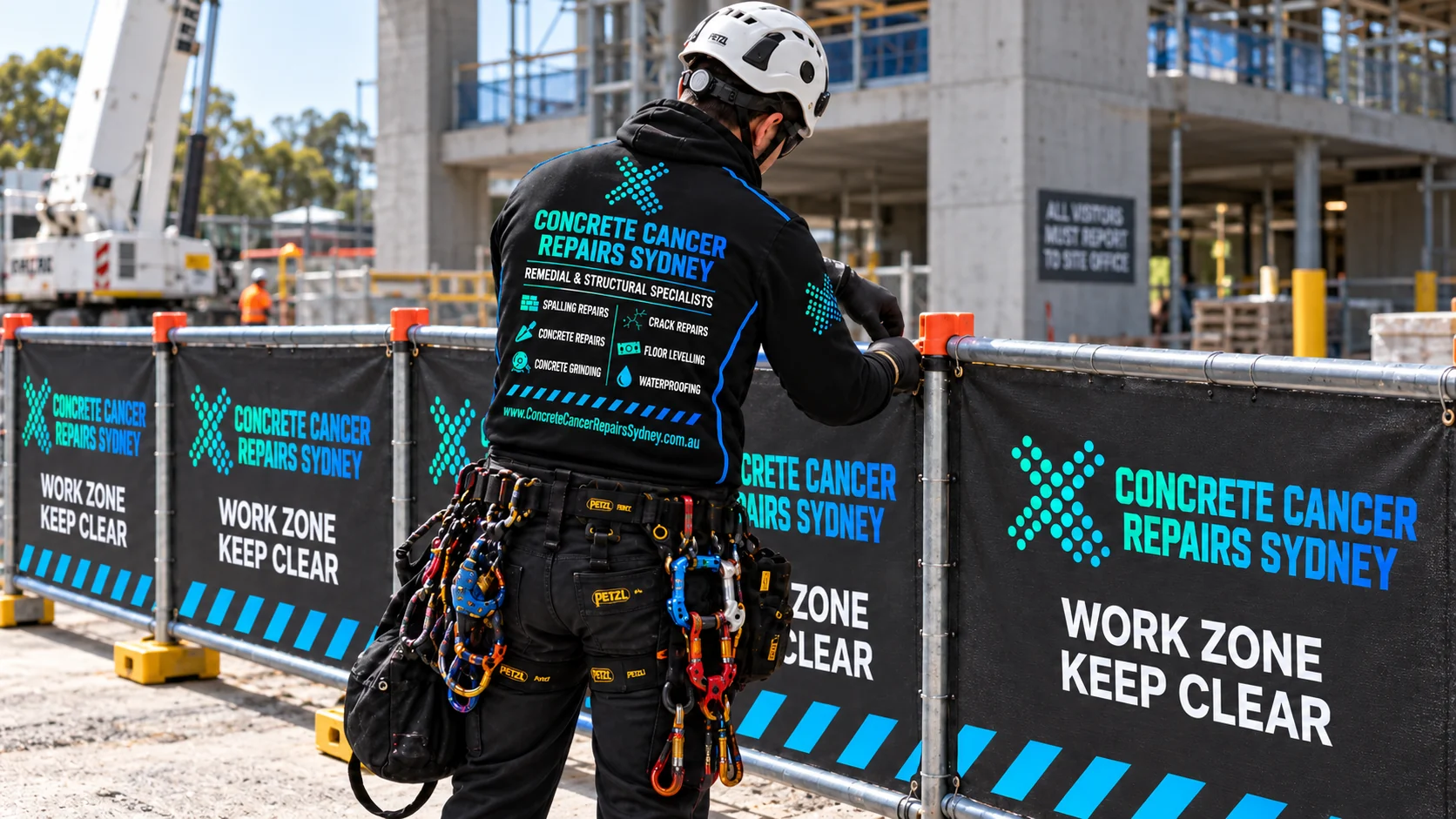 Bridge & Infrastructure Concrete Cancer Repairs Sydney 19 CCRS worker checking branded construction safety fencing and controlled pedestrian access beside active concrete works