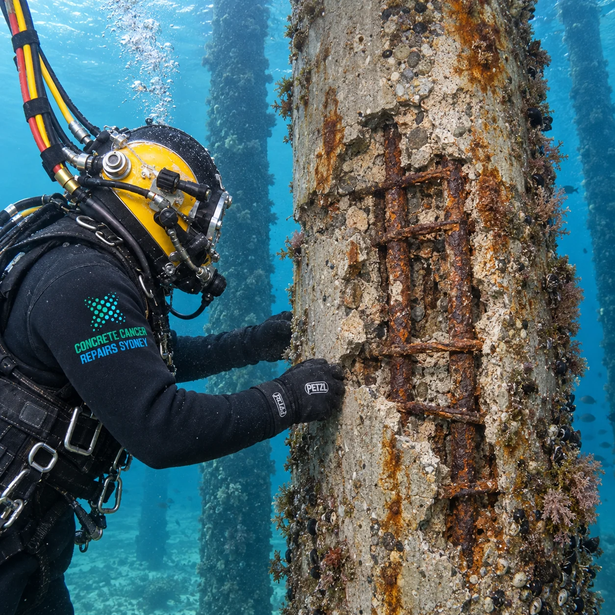 Bridge & Infrastructure Concrete Cancer Repairs Sydney 20 Specialist diver inspecting a deteriorated bridge pier through the waterline