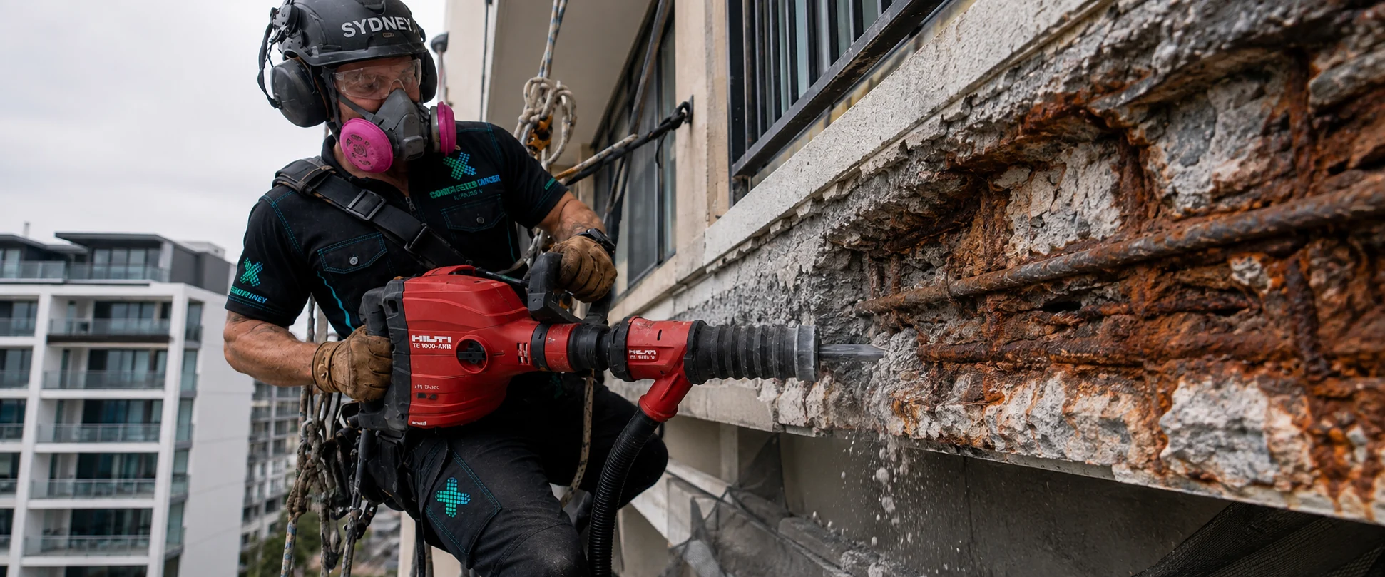 Concrete Cancer Repairs Sydney rope-access technician removing deteriorated concrete and exposing corroded reinforcement