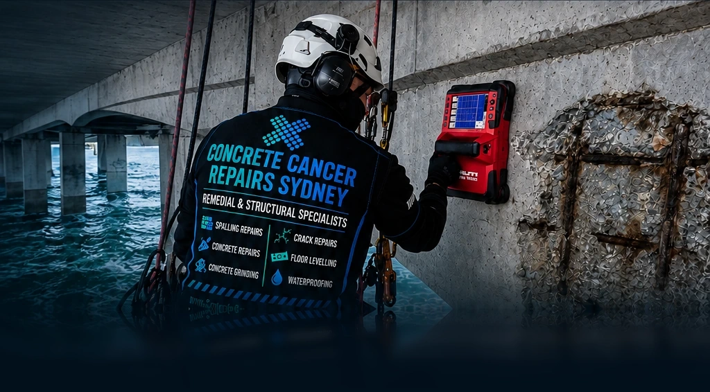 Concrete Cancer Repairs Sydney specialist inspecting reinforced concrete beneath a marine structure
