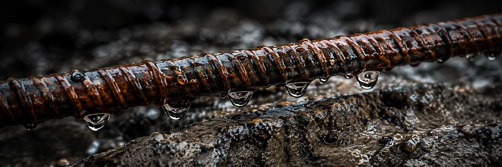 Water droplets on corroded reinforcing steel