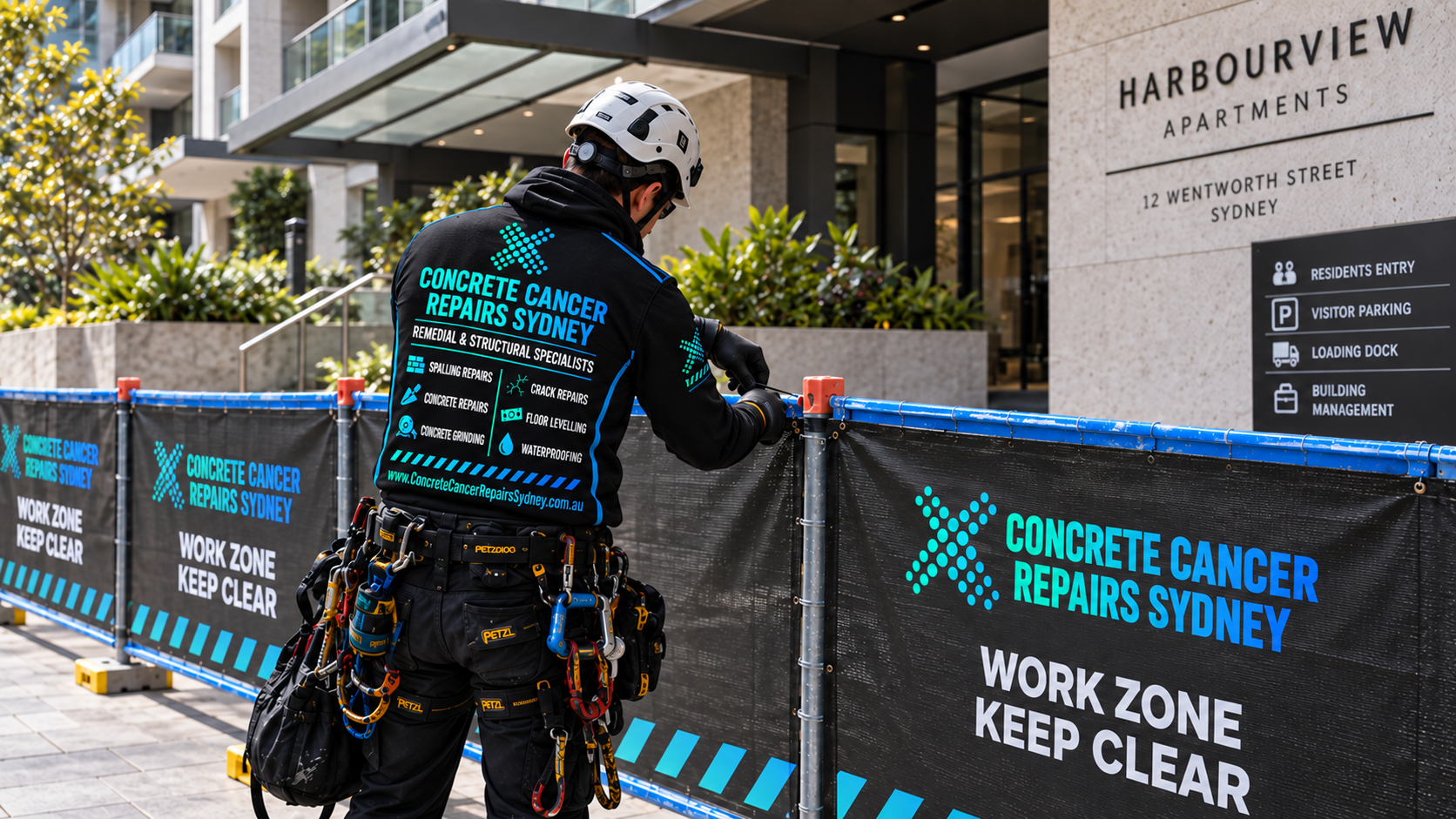 CCRS worker setting up branded safety fencing at an apartment building entrance