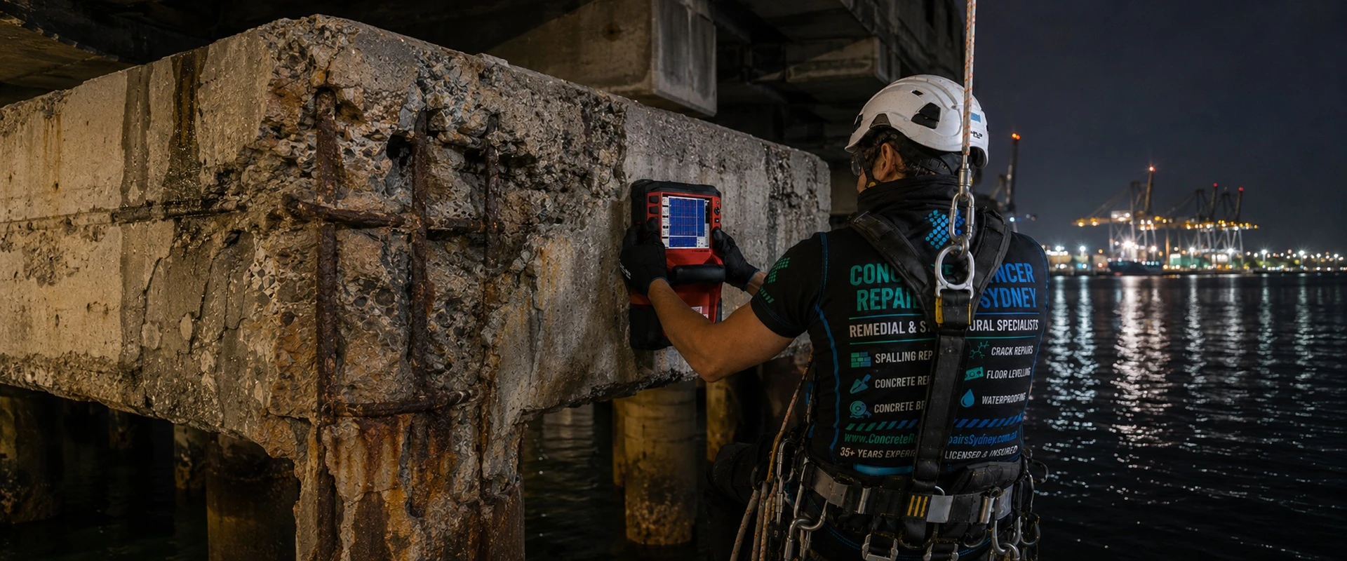 Inspection of corroded reinforcement and concrete spalling on the Port Botany marine wharf headstock