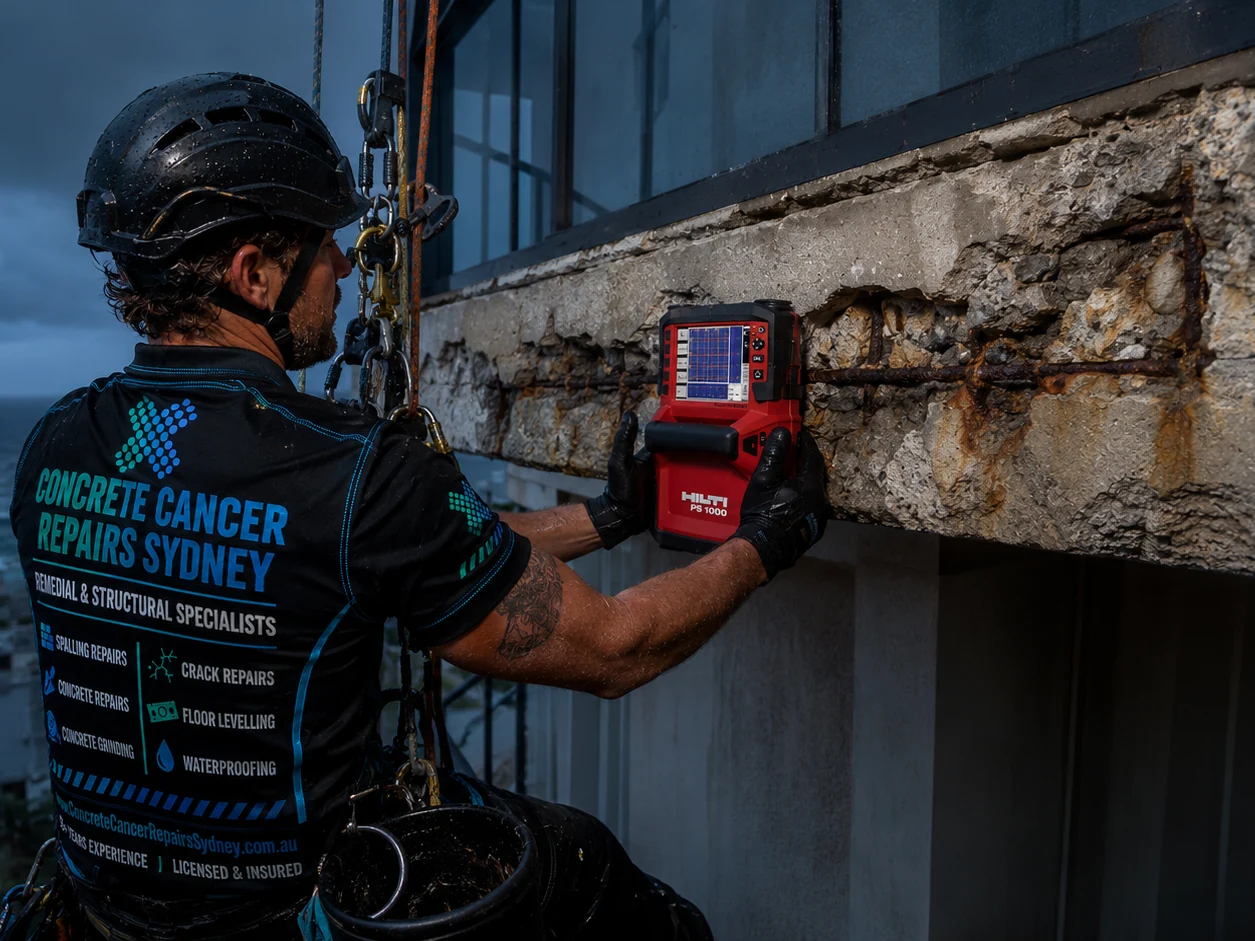 Rope-access concrete cancer inspection showing spalling and corroded reinforcement on a coastal building