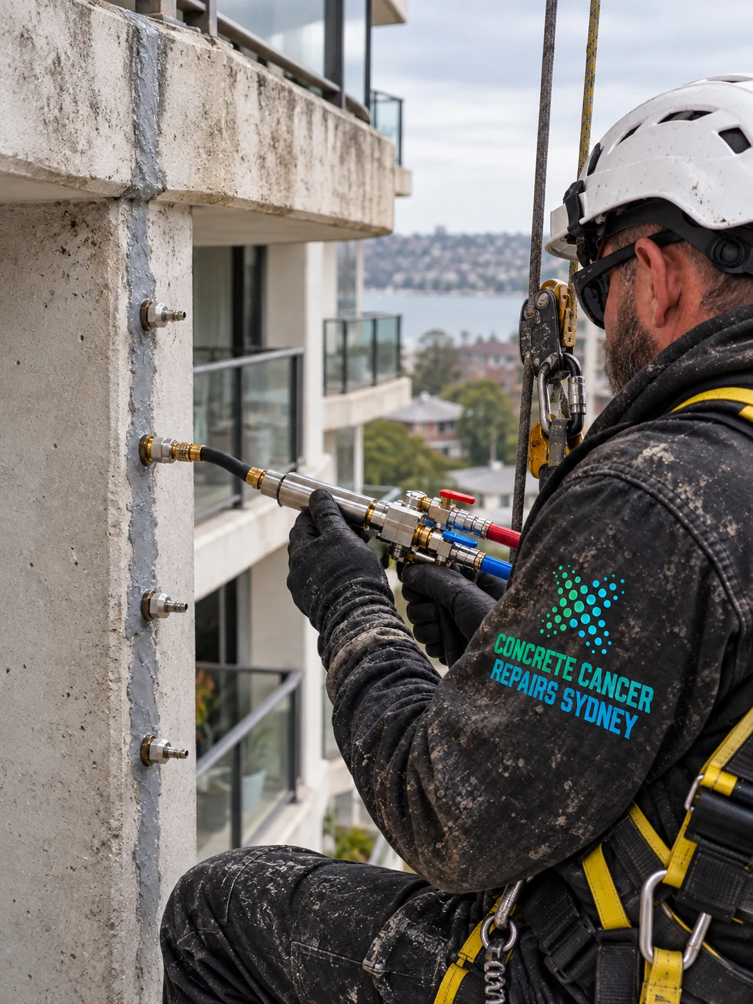 Rope-access technician injecting a crack in an apartment balcony column
