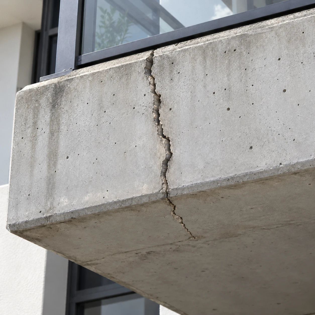 Crack through a concrete balcony edge and soffit beneath a glass balustrade