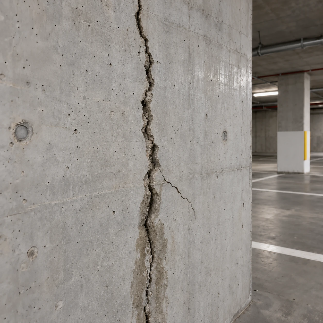 Vertical crack in a concrete wall inside a basement car park