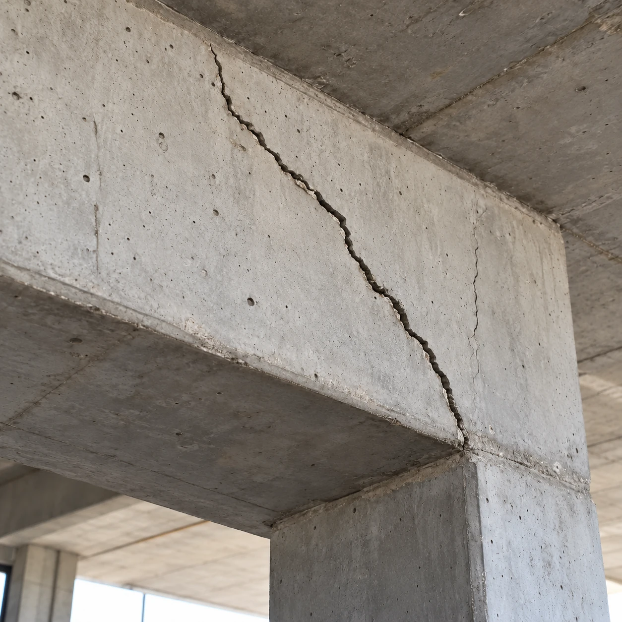 Diagonal crack in a concrete beam at a supporting column