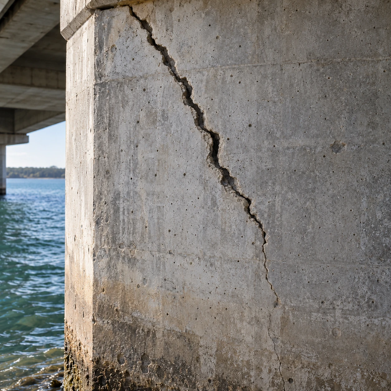 Cracked concrete bridge pier above the water