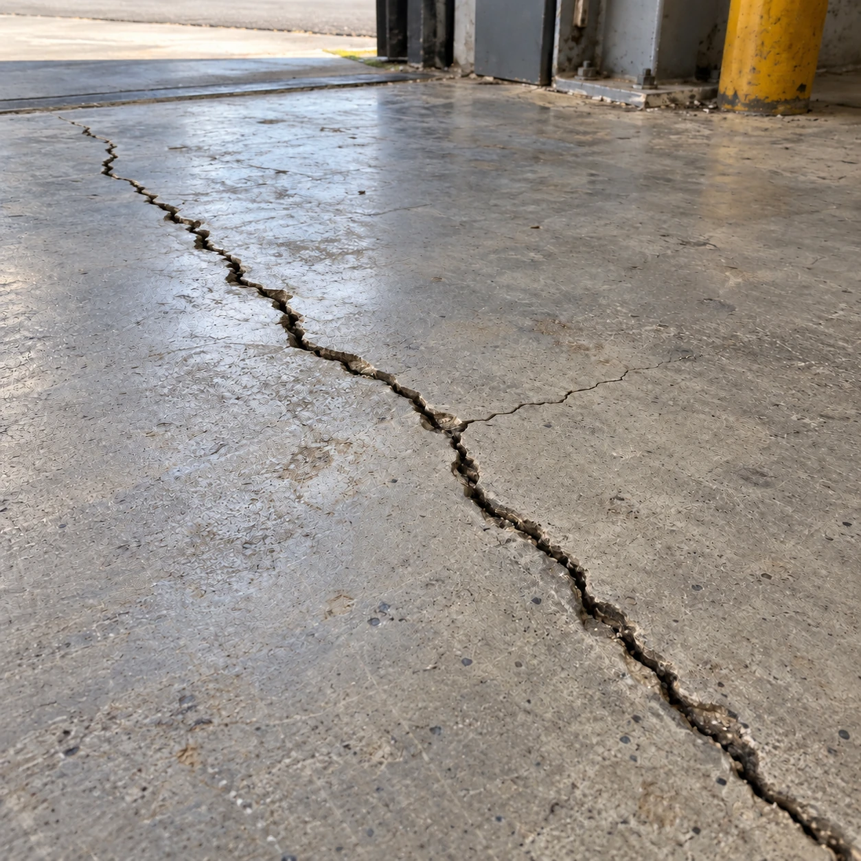 Open crack across a concrete floor slab at a loading entrance