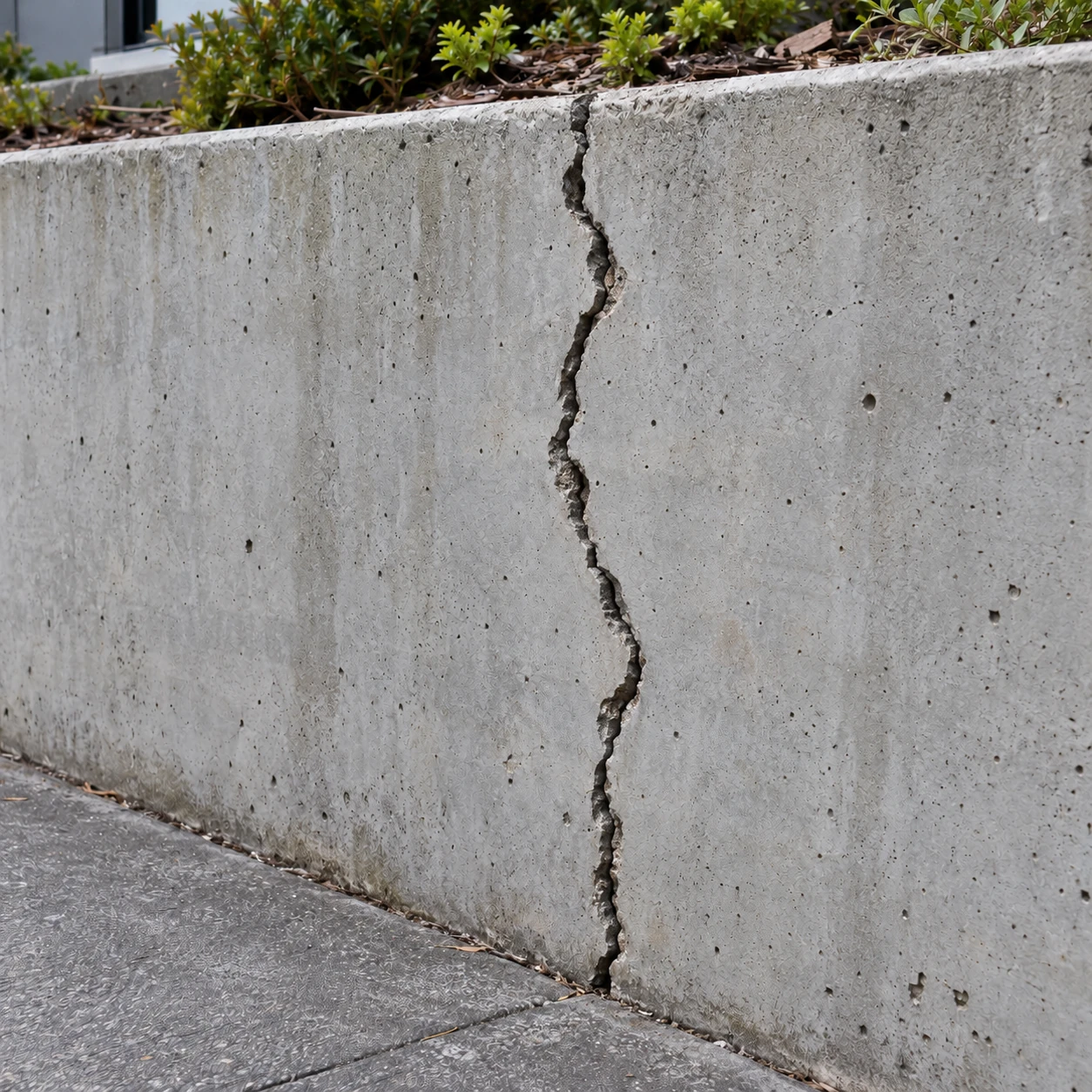 Vertical crack through an external concrete wall beside a planted area