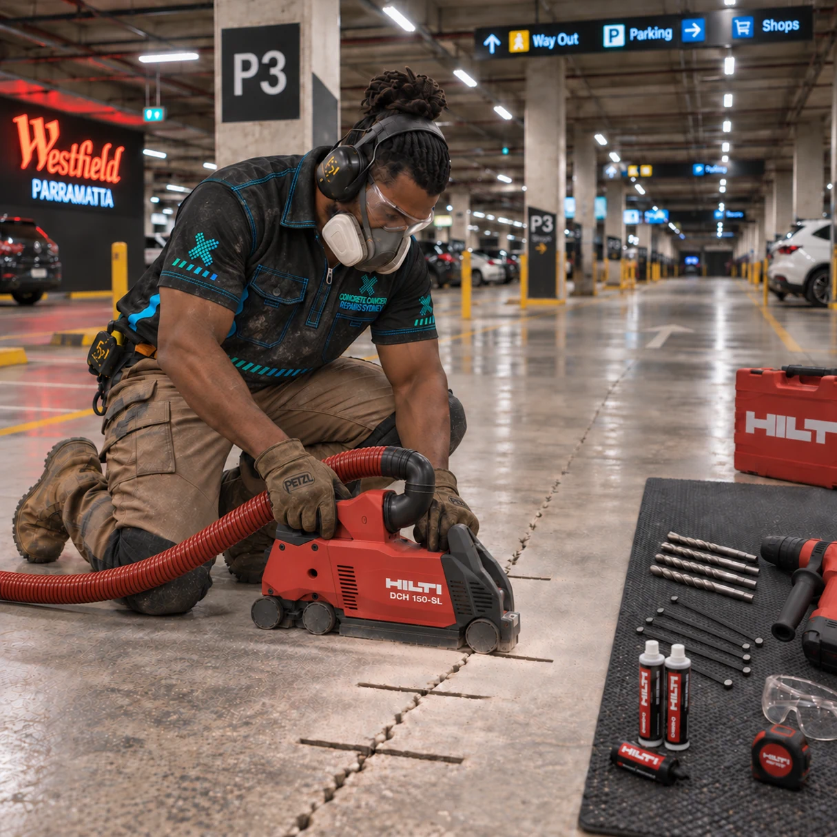 Technician preparing a floor crack with a Hilti cutter in the Westfield Parramatta car park