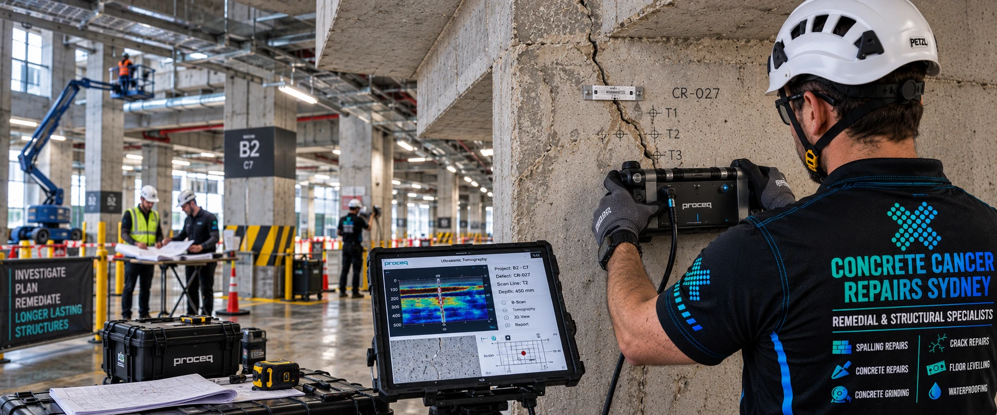 CCRS technician assessing a concrete crack with ultrasonic testing equipment in a commercial building