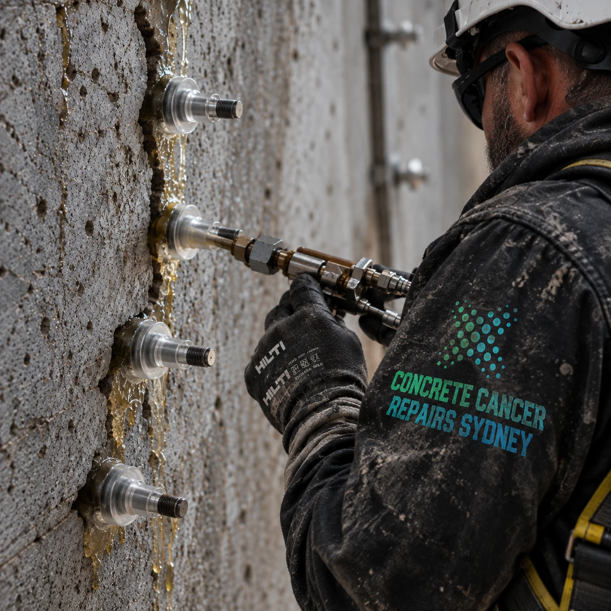 Injection equipment connected to ports along a concrete crack