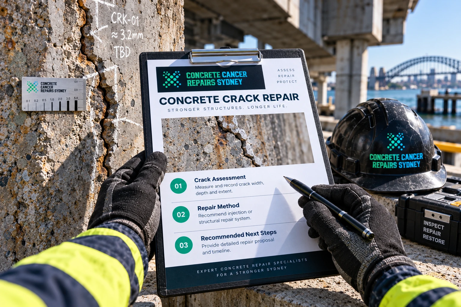 CCRS crack inspection clipboard beside a measured concrete crack and safety helmet
