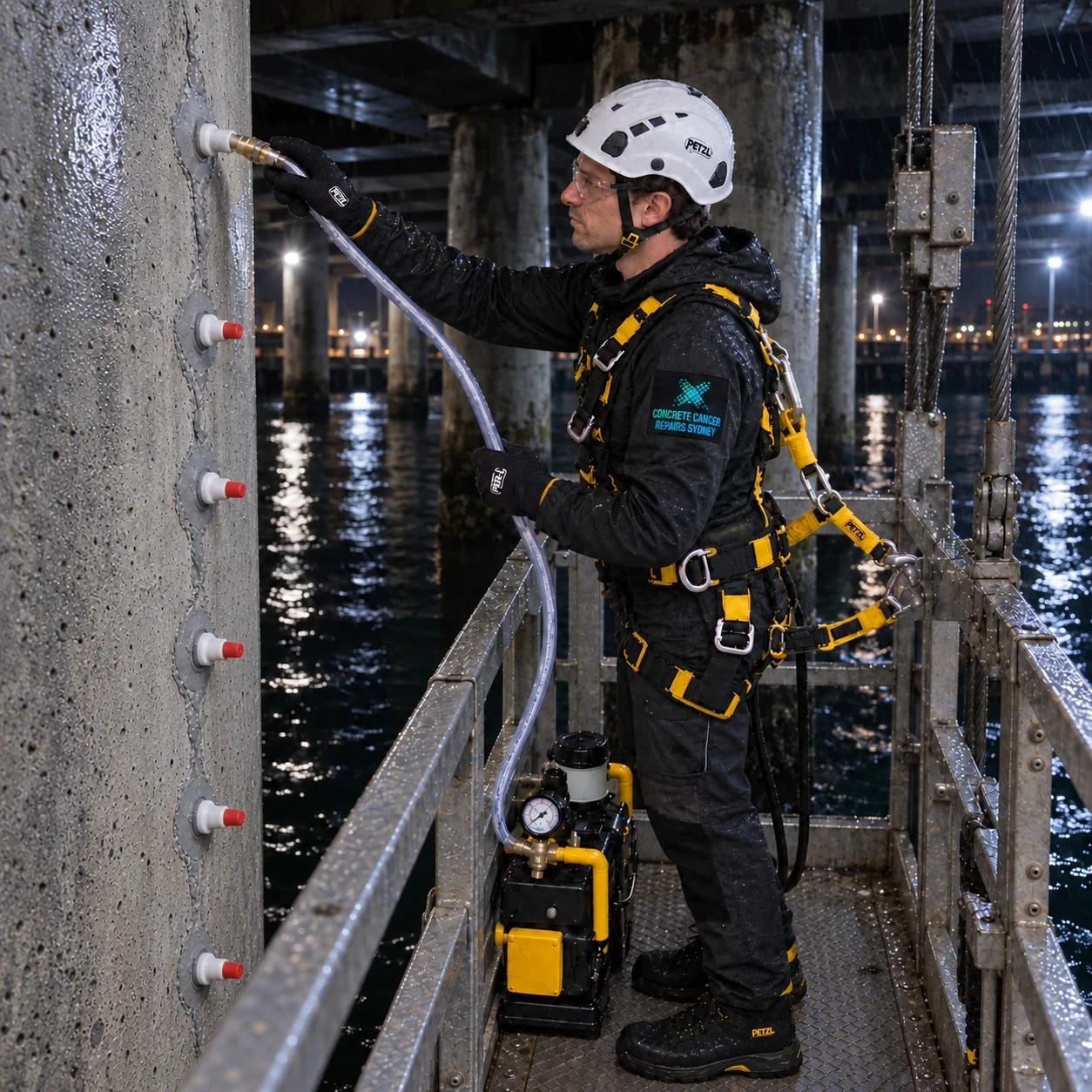 CCRS technician injecting a concrete wharf pile crack from a suspended platform at night