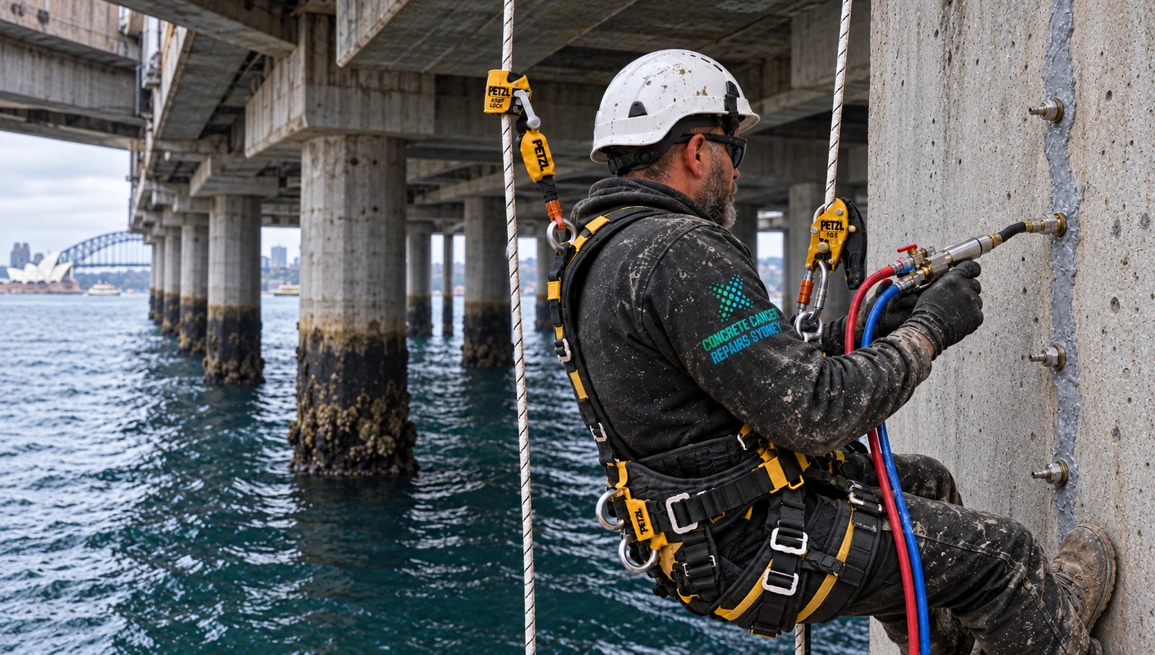 Rope-access technician injecting a concrete wharf pile crack above Sydney Harbour using two suspension ropes