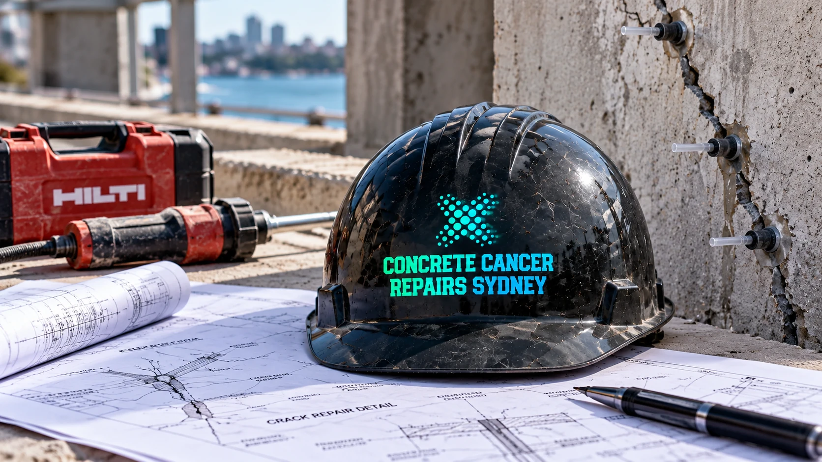 CCRS helmet and crack injection equipment on engineering drawings beside a concrete crack