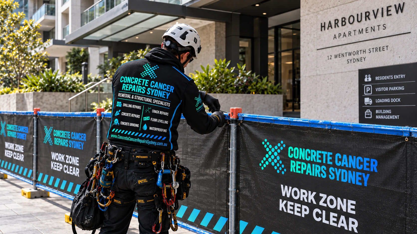 CCRS worker setting up branded safety barriers at an apartment building entrance