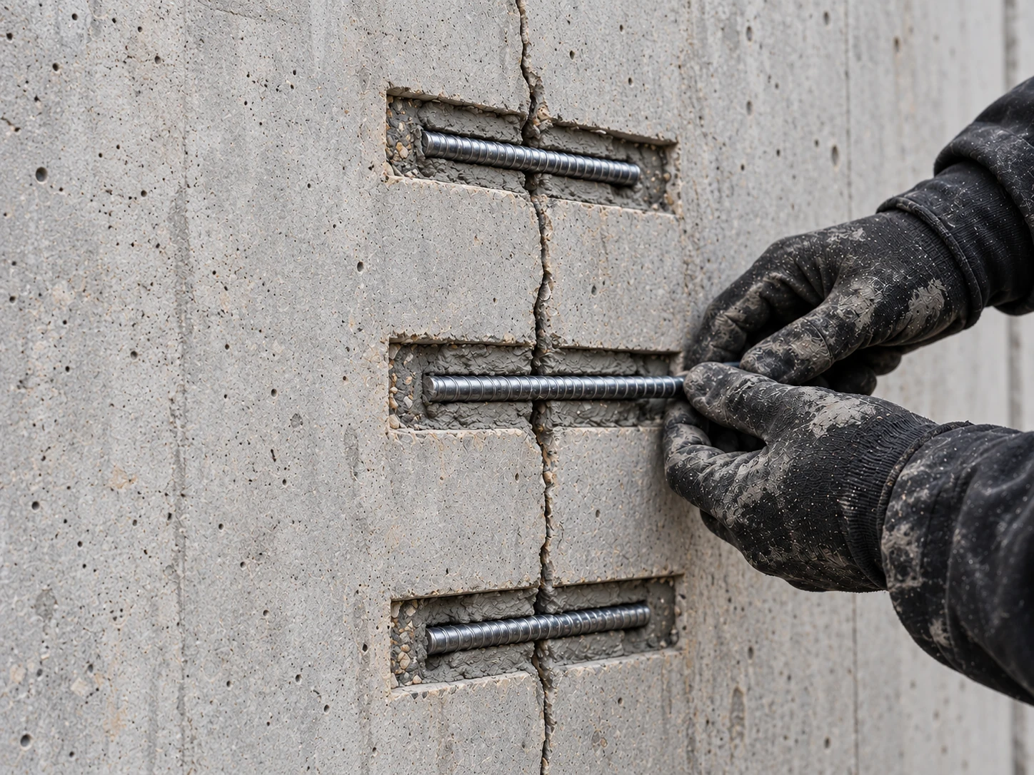 Gloved hands positioning reinforcement across a crack in concrete