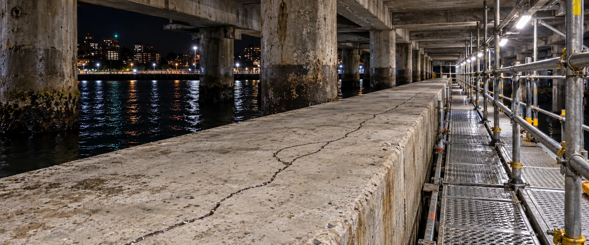 Visible crack along a concrete wharf beam beside a scaffold walkway above harbour water at night